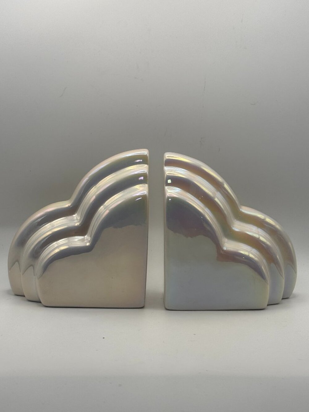 vintage 90's Iridescent Pearl Ceramic Cloud Bookends Pastel Rainbow Opalescent